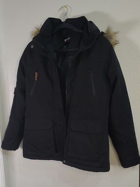 Chamonix Men's Black Hooded Winter Coat with Faux Fur Trim Size Med